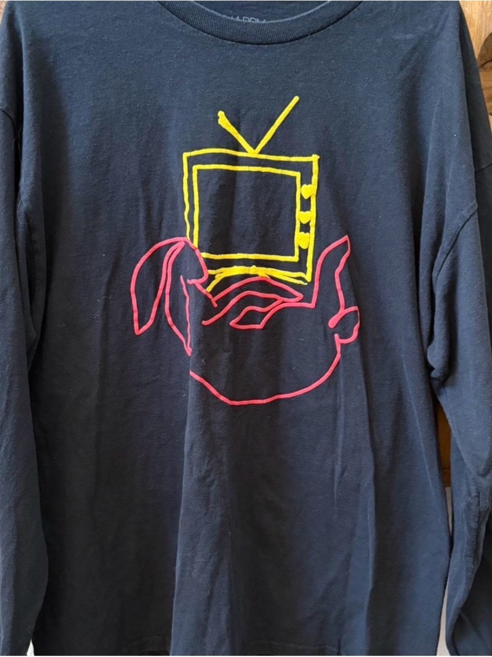 Men's Black Long Sleeve Tee with Yellow TV & Pink Graphic